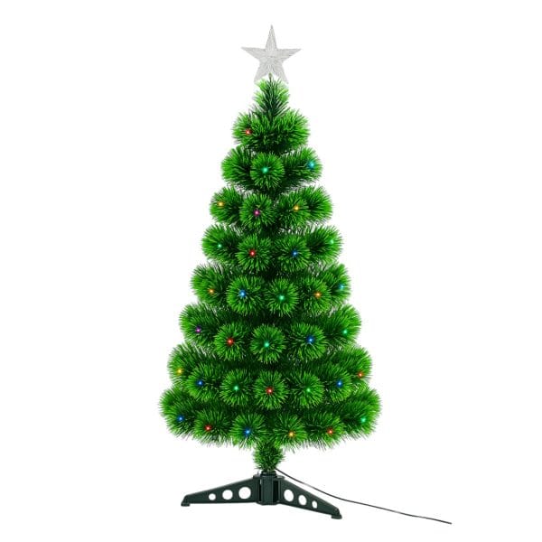 Brad Artificial de Crăciun 90 cm cu 80 Luminite LED Multicolore, Stea Decorativă și Suport Stabil