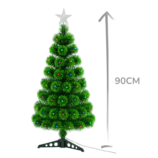Brad Artificial de Crăciun 90 cm cu 80 Luminite LED Multicolore, Stea Decorativă și Suport Stabil - imagine 2