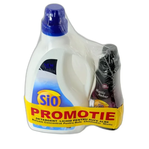 Set Detergent Lichid Sio 2695 ml și Balsam de Rufe Mystery 750 ml – Curățare Eficientă și Parfum Intens de Lungă Durată, Pentru Toate Tipurile de Țesături